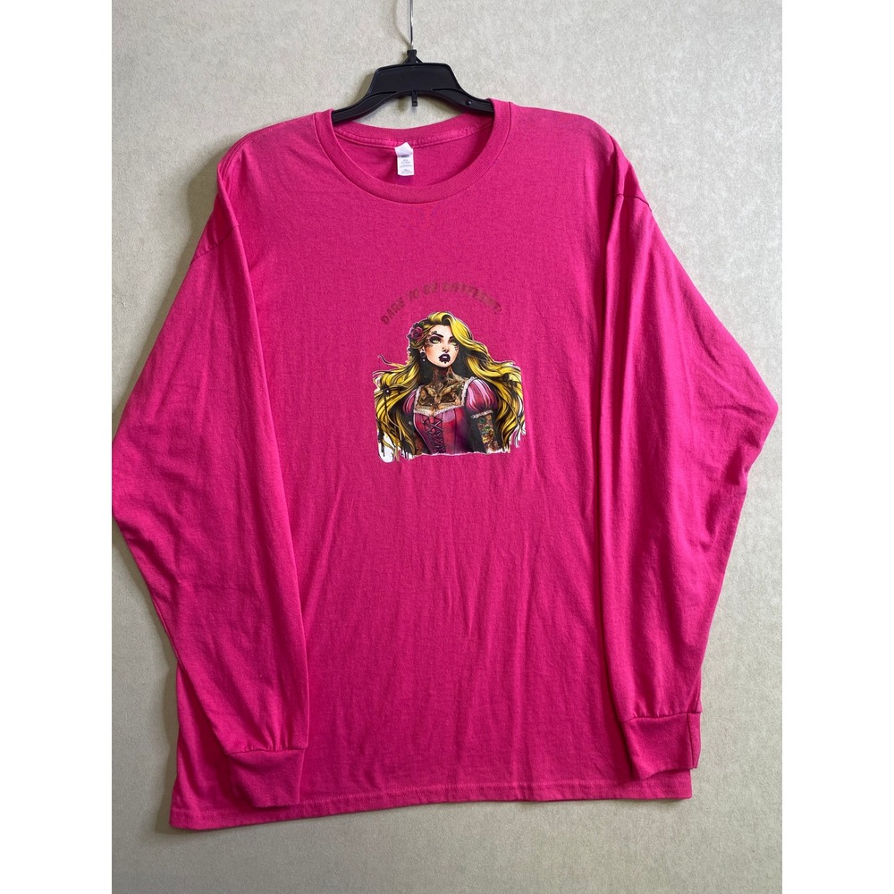 Jerzees Dri-Power Pink Long Sleeve Graphic Tee Tattooed Princess XL